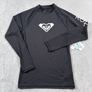 Roxy Whole Hearted Rashguard Womens Medium Black Logo Stretch Raglan Sleeve